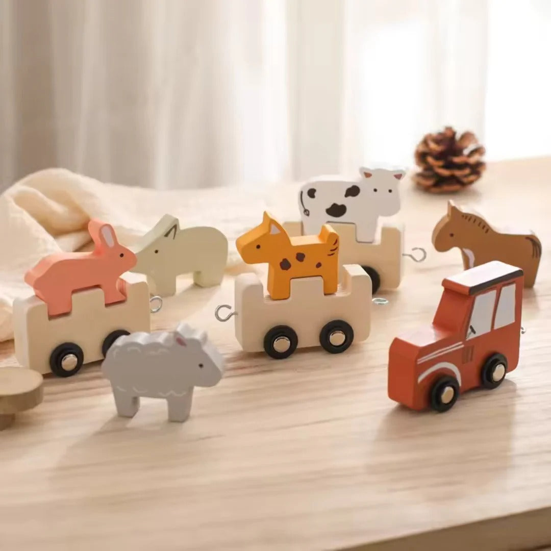 Wooden train set with cute farm animals