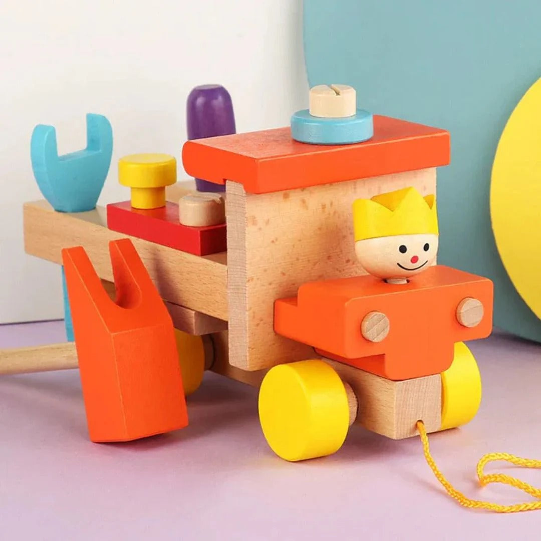 Wooden car toy for tinkering and learning