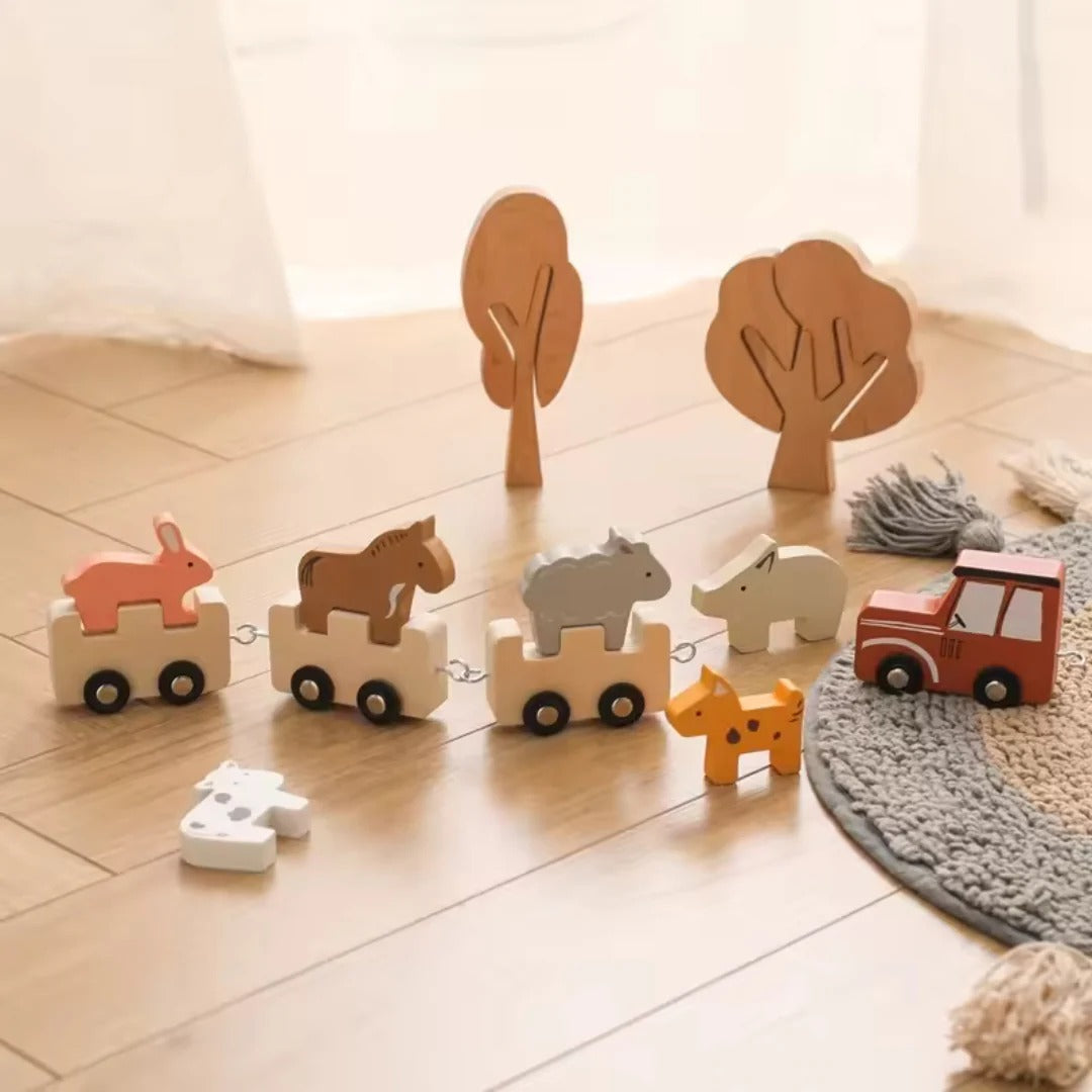 Wooden train set with cute farm animals