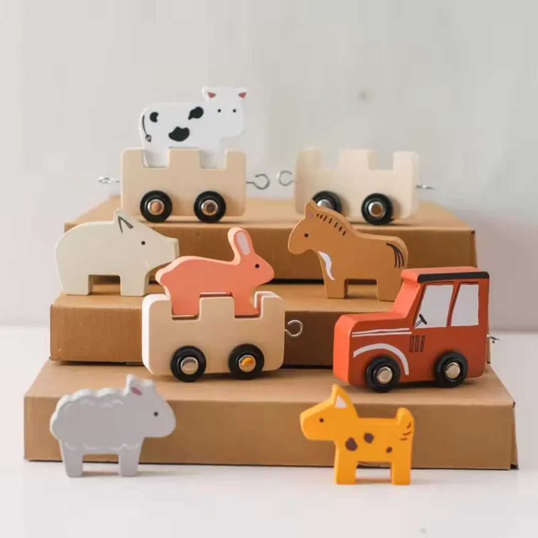 Wooden train set with cute farm animals
