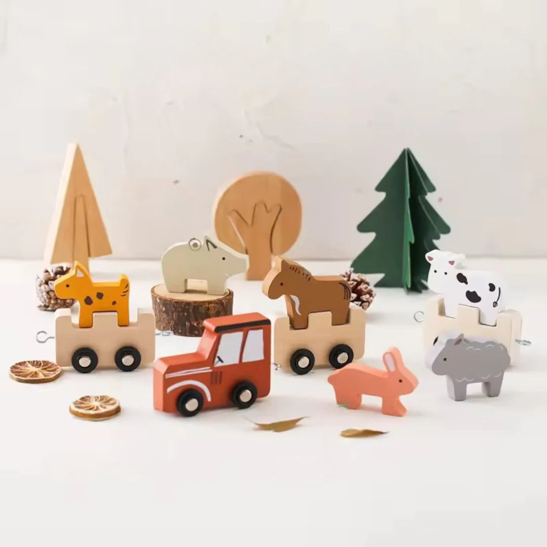 Wooden train set with cute farm animals